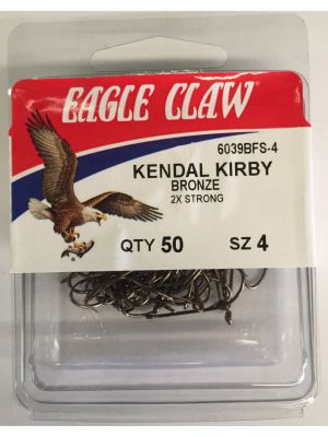 Eagle Claw Hooks Kendal Kirby Tinned Size 6 - 50 hooks - Type: Kendal Kirby. Style: Straight point with ringed eye. Finish: Tinned. Size: 6. Quantity:  Pack of 50 hooks.