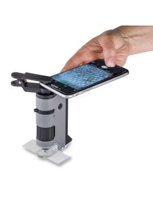 MicroFlip™ 100x-250x LED, UV Lighted Pocket Microscope, Flip Down Slide Base, Smartphone Digiscoping Clip